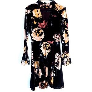 Ivanka Trump Velvet Floral Dress Maroon V-Neck Flared Cuff Med Large 8 10